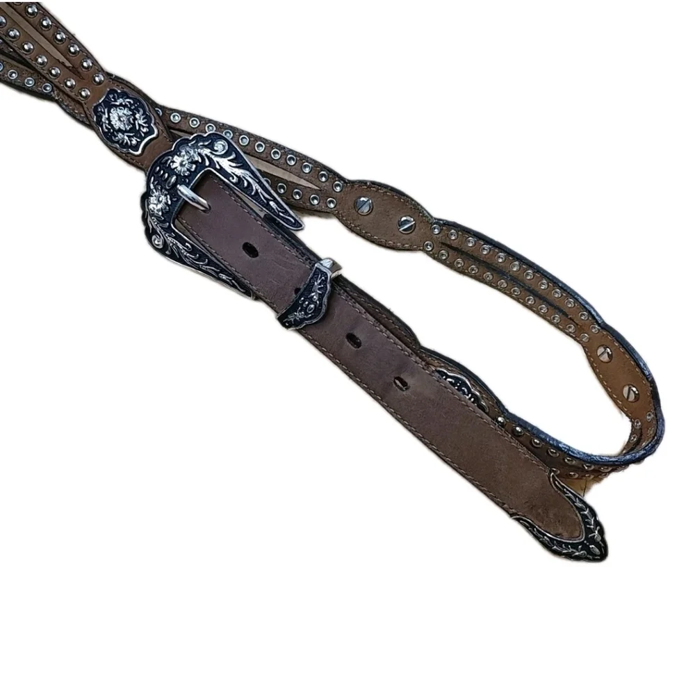 Vtg Nocona 3012044 Western Cut Away Brown Leather Studded Belt Adult Sz 36-40